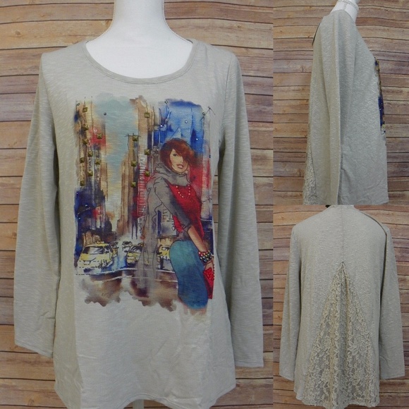 Style & Co Scoop Neck Lace Back Graphic Top Grey - Picture 1 of 4